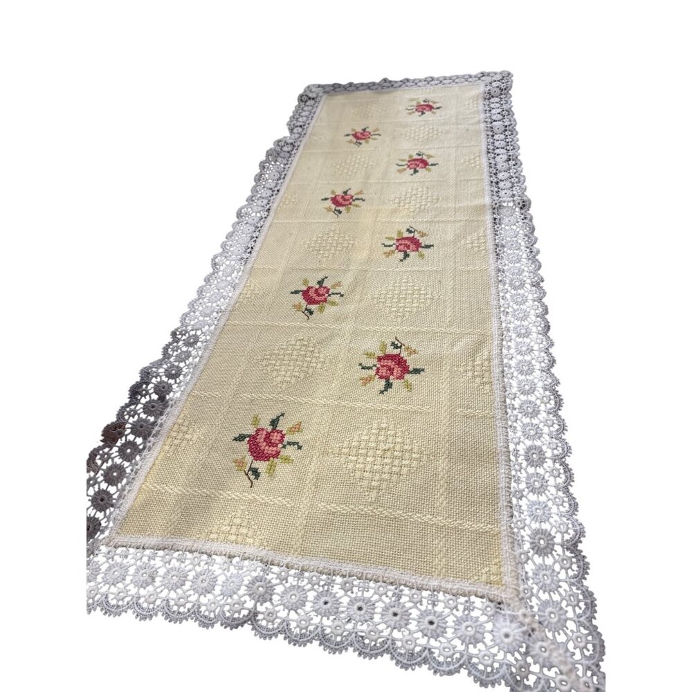 Embroidered lace Yellow white table runner 41.5" L X 17" W SKU 8667